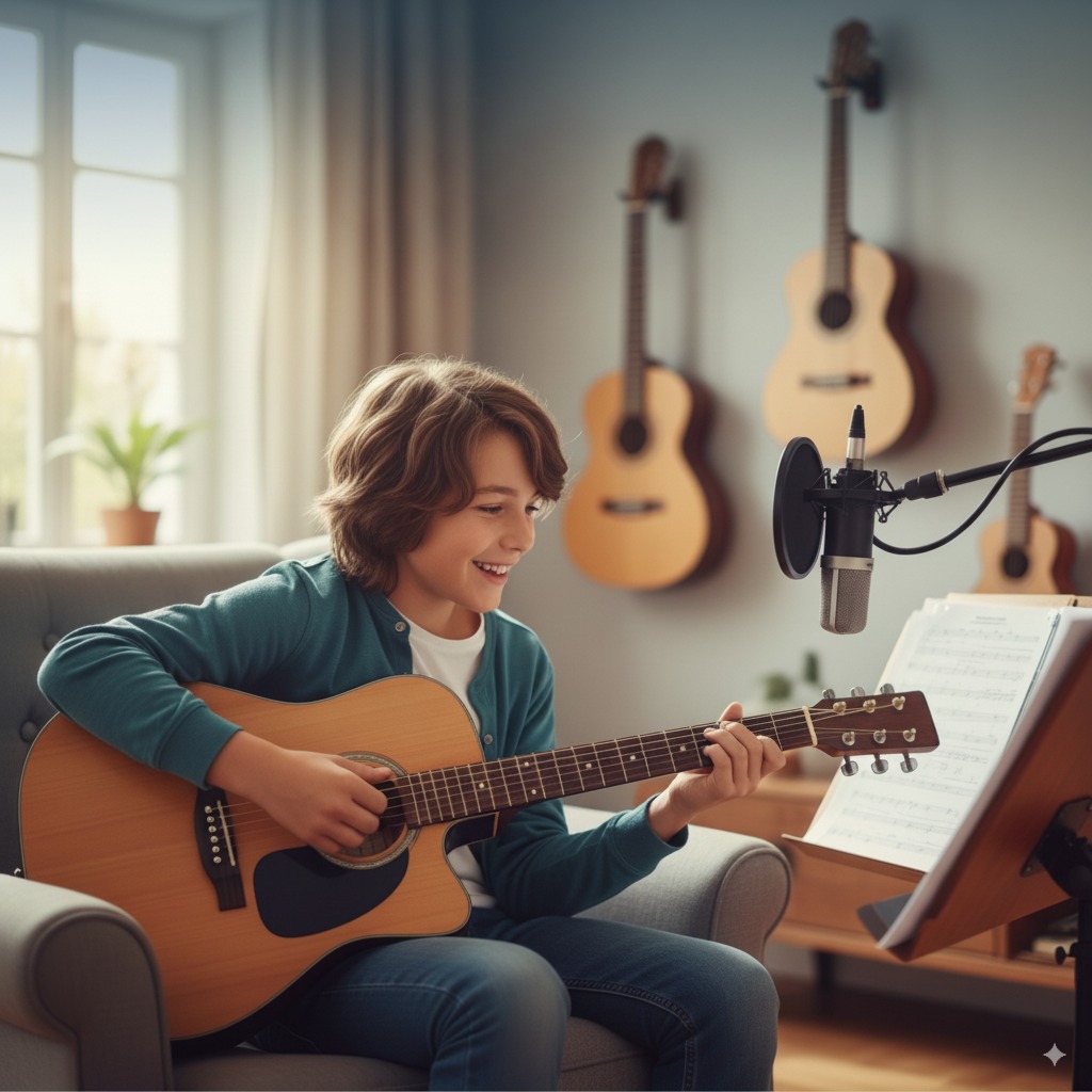 Enfant apprenant la guitare à Beaulieu, dans un cadre ludique et motivant